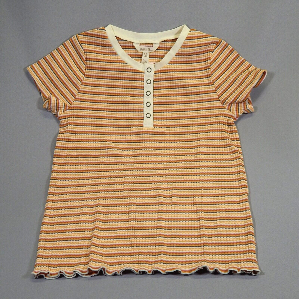 Matilda Jane Top Girl's Size 12 Ribbed Knit Stripe Yellow White Short Sleeve